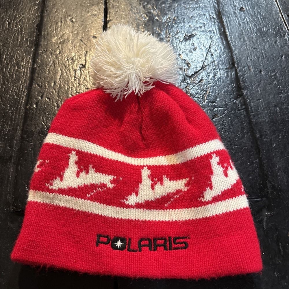 Vintage Polaris Snowmobile Knit Winter Hat Cap Beanie Pom Embroidered Braaap